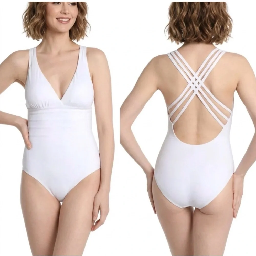 La Blanca - NWT women’s cross Back‎  one piece swimsuit V-neck  Island Goddess 4